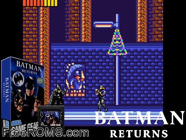 Batman Returns alt Game Gear game showing 3D box cover and gameplay screenshot